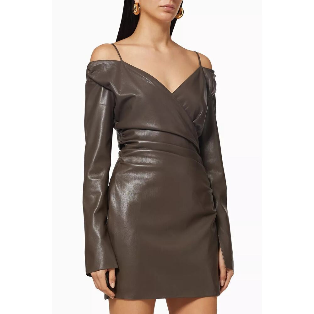 Nanushka Moha Dress Cold Shoulder Ruched Wrap Mini Faux Leather Brown Medium